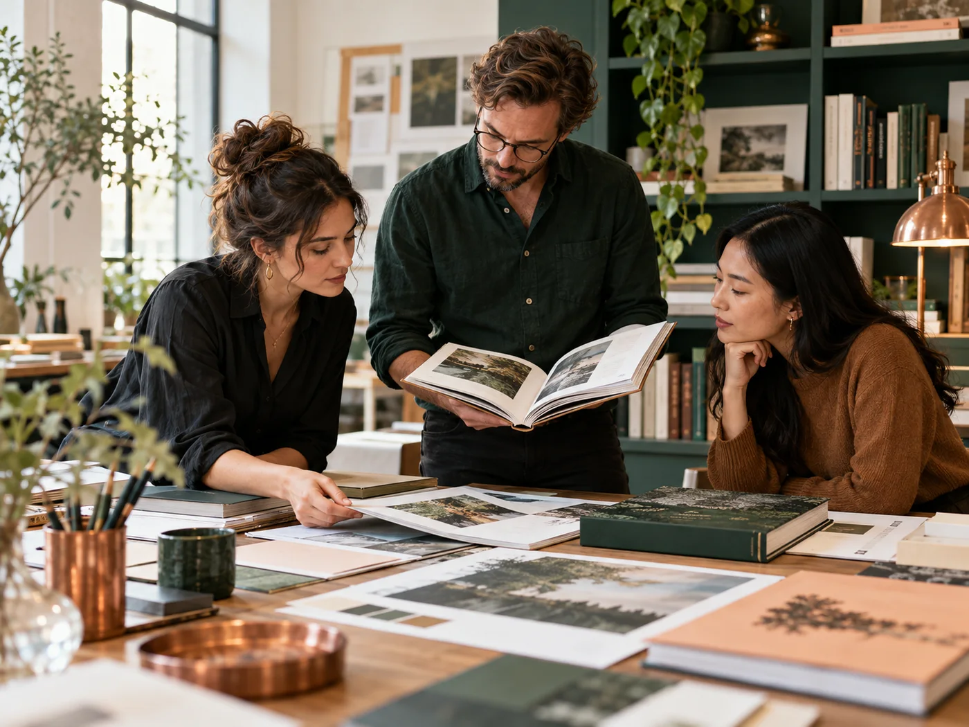 A publishing team reviewing book proofs in a creative studio