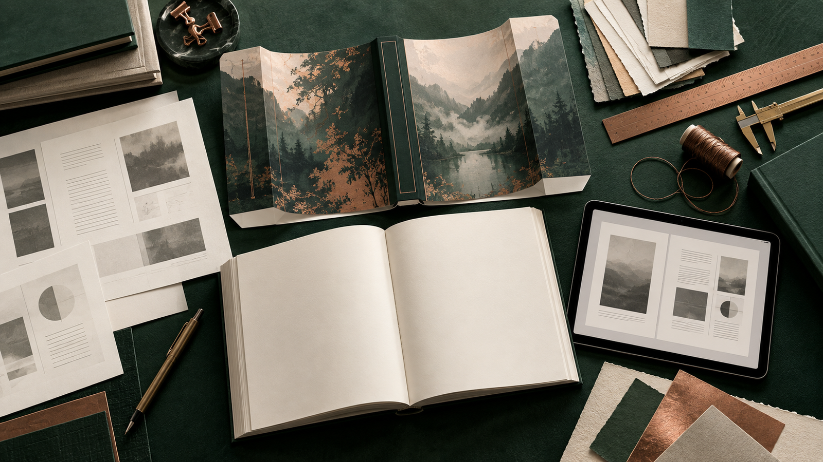 A book design production table with cover wrap, interior pages, layout sheets, and drafting tools