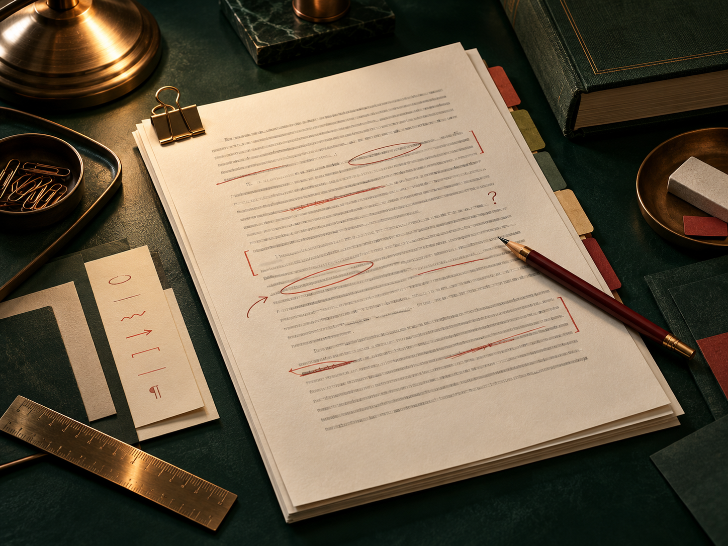 Marked manuscript pages with editorial pencil, brass ruler, and page tabs