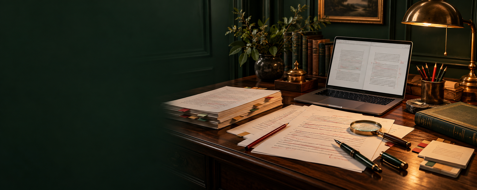 A cinematic editorial studio with marked manuscript pages, proofreading tools, and a laptop
