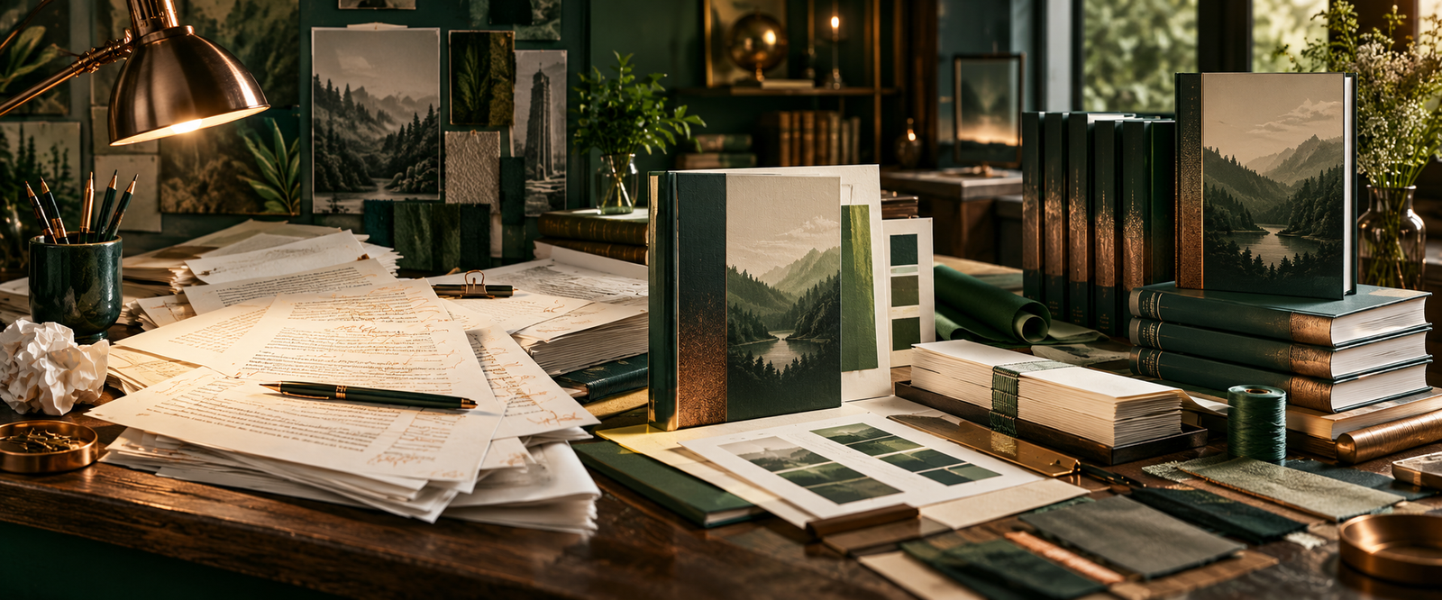 A refined publishing studio showing manuscript pages, design proofs, binding materials, and finished books