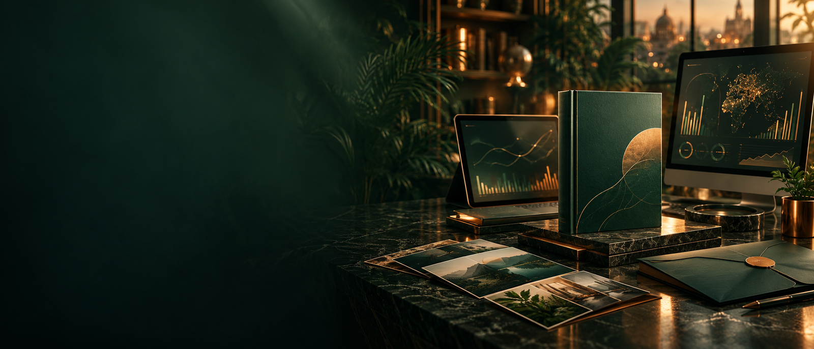 A cinematic book marketing studio with a hardcover book and campaign analytics