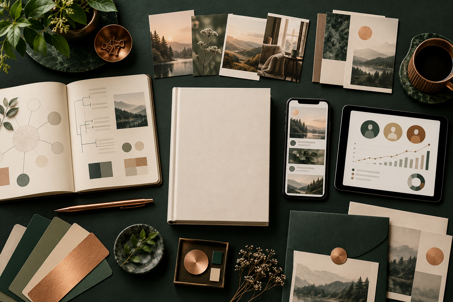 A coordinated book campaign workspace with print materials and digital planning screens
