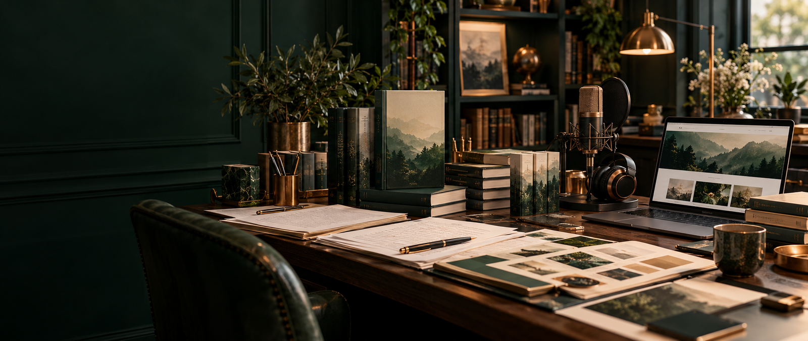 A cinematic publishing studio with finished books, manuscripts, audiobook equipment, and an author website